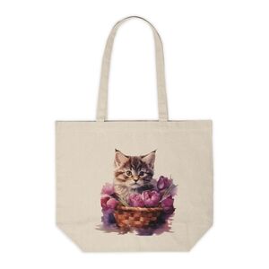 Floral Cat in a Basket Custom Canvas Tote Bag